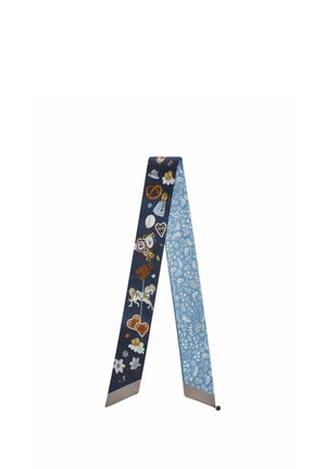 Pañuelo azul marino y azul con estampado floral con motivos de pretzels, flores, un caballo y corazones.