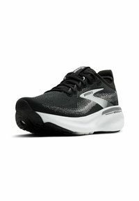 Črne športne čevlje z teksturiranim mrežastim zgornjim delom in srebrnimi poudarki. Opremljeni so z obloženim belim podplatom in vzorčastim gumijastim podplatom za boljši oprijem.