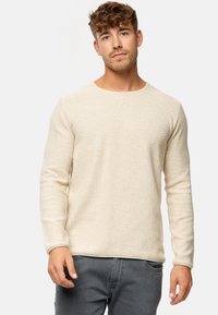 Beige Strickpullover mit Rundhalsausschnitt, langen Ärmeln und strukturiertem Stoff. Kombiniert mit grauen Jeans für einen lässigen Look.