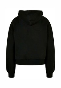 Svart hoodie med en kortad design, som har en huva, sänkt axlar och ribbade ärmslut. Mjuk tygkänsla, minimalistisk stil.