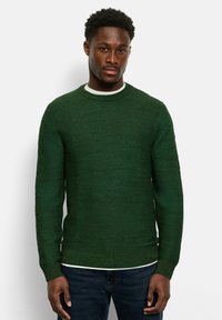 Grüner Strickpullover mit strukturiertem Muster, Rundhalsausschnitt und gerippten Bündchen. Über einem weißen Shirt getragen, kombiniert mit dunklen Jeans.