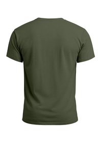 Kurzärmliges T-Shirt in khaki-grün, aus Baumwollstoff, mit Rundhalsausschnitt, glatter Textur, schlichte Rückendesign.