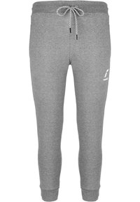 Graue Sweatpants aus weichem Baumwollmix, ausgestattet mit einem elastischen Bund und Kordelzug sowie gerippten Abschlüssen. Minimales Logodesign an der Seite.