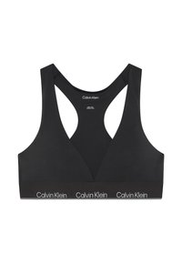 Czarny stanik sportowy z dekoltem w kształcie litery V, szerokimi ramiączkami i elastycznym pasem z logo "Calvin Klein". Gładka tekstura, prosty i nowoczesny styl.