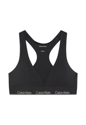 Schwarzer Sport-BH mit V-Ausschnitt, breiten Trägern und elastischem Bund mit dem "Calvin Klein"-Logo. Glatte Textur, schlichtes und modernes Design.
