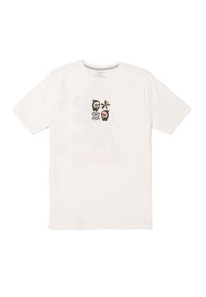 Weißes Kurzarm-T-Shirt mit einem bunten, bestickten Motiv zweier Gesichter und einer Pflanze, darunter der Schriftzug "VOLCOM STONE".