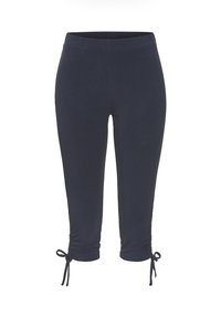 Tumedat sinised elastse vöökoha ja kogutud külgedega Capri püksid, mille alumises servas on nöörid, valmistatud pehmest ja siledast kangast.