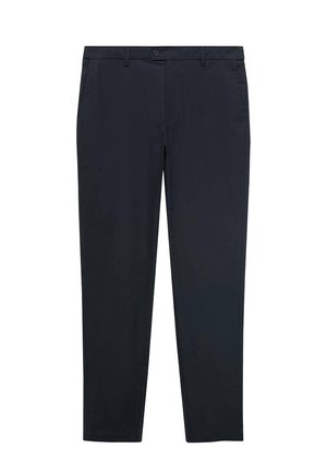 Navy blue chinos made from a smooth, lightweight fabric. Features a straight cut, belt loops, and front pockets with a button closure.