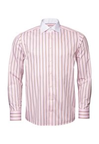 Chemise habillée homme à manches longues avec des rayures verticales roses et marron et un col et des poignets blancs contrastants.