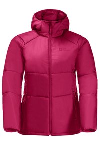 Puffig rosa vadderad jacka med hög krage, dragkedjeslutning och två sidofickor. Har en slät yta och logotyp på bröstet.