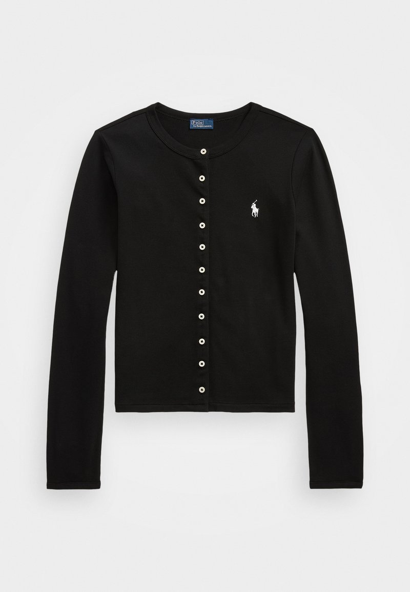 Cardigan noir à manches longues en tissu doux, avec un col rond et une rangée de boutons blancs, comportant un petit logo brodé sur la gauche.