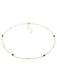 Collana in oro con perle nere e bianche, caratterizzata da un design delicato e una chiusura a moschettone per una vestibilità regolabile.