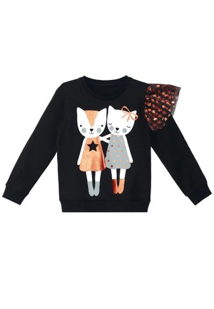 Schwarzes Langarmshirt mit zwei Cartoon-Katzen, die Händchen halten, eine mit einem Stern auf dem Kleid und die andere mit einer Schleife und einem gerafften Ärmel mit Sternenmuster.