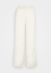 Witte losvallende broek met elastische tailleband, rechte benen, gladde stof, gepresenteerd tegen een effen lichte achtergrond.