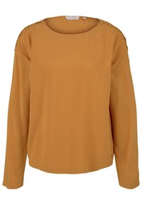 Blusa a maniche lunghe in tessuto giallo senape, con scollatura rotonda e dettagli con bottoni sulle spalle. Tessuto liscio, vestibilità comoda.
