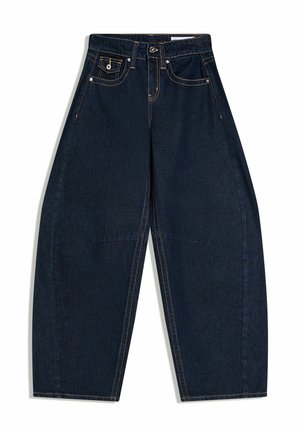 Mørkeblå vidde jeans med høj talje, forreste knap og lynlås, fem lommer og kontrastfyldt orange syning.