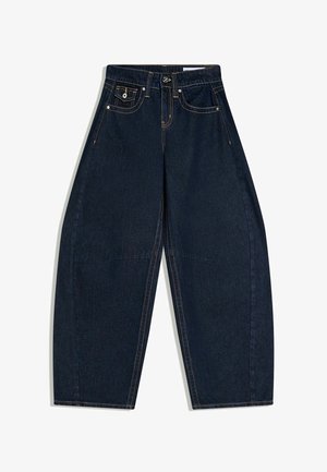 Tummansiniset leveälahkeiset farkut, joissa on korkea vyötärö, etunapit ja vetoketju, viisi taskua sekä kontrastiväriset oranssit saumat.