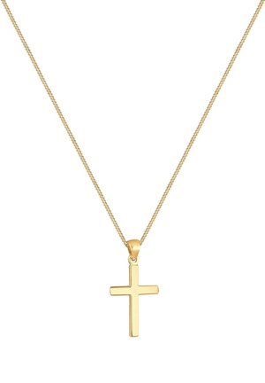 Goldene Halskette mit einem glatten, polierten goldenen Kreuzanhänger, der in der Mitte vor einem weißen Hintergrund hängt.