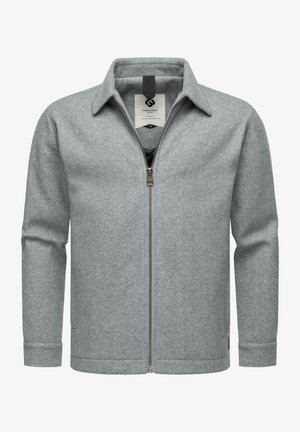 Chaqueta gris claro de mezcla de lana con cremallera, cuello y mangas largas, mostrada de frente sobre un fondo blanco liso.