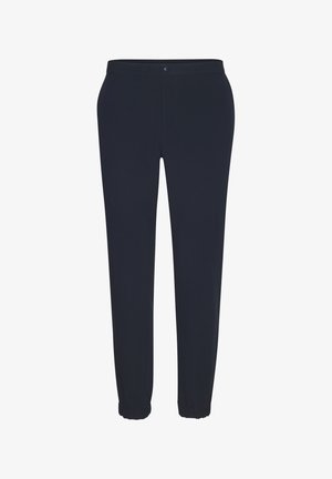 Marineblaue, schmal zulaufende Hose aus einem weichen, elastischen Stoff. Mit einem elastischen Bund und Bünden für eine figurbetonte Silhouette.