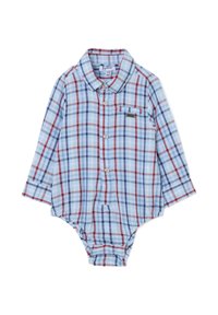 Bodysuit de manga larga en cuadros de color azul claro, rojo y marino, con cuello puntiagudo, cierre de botones y un bolsillo en el pecho. Material de algodón.