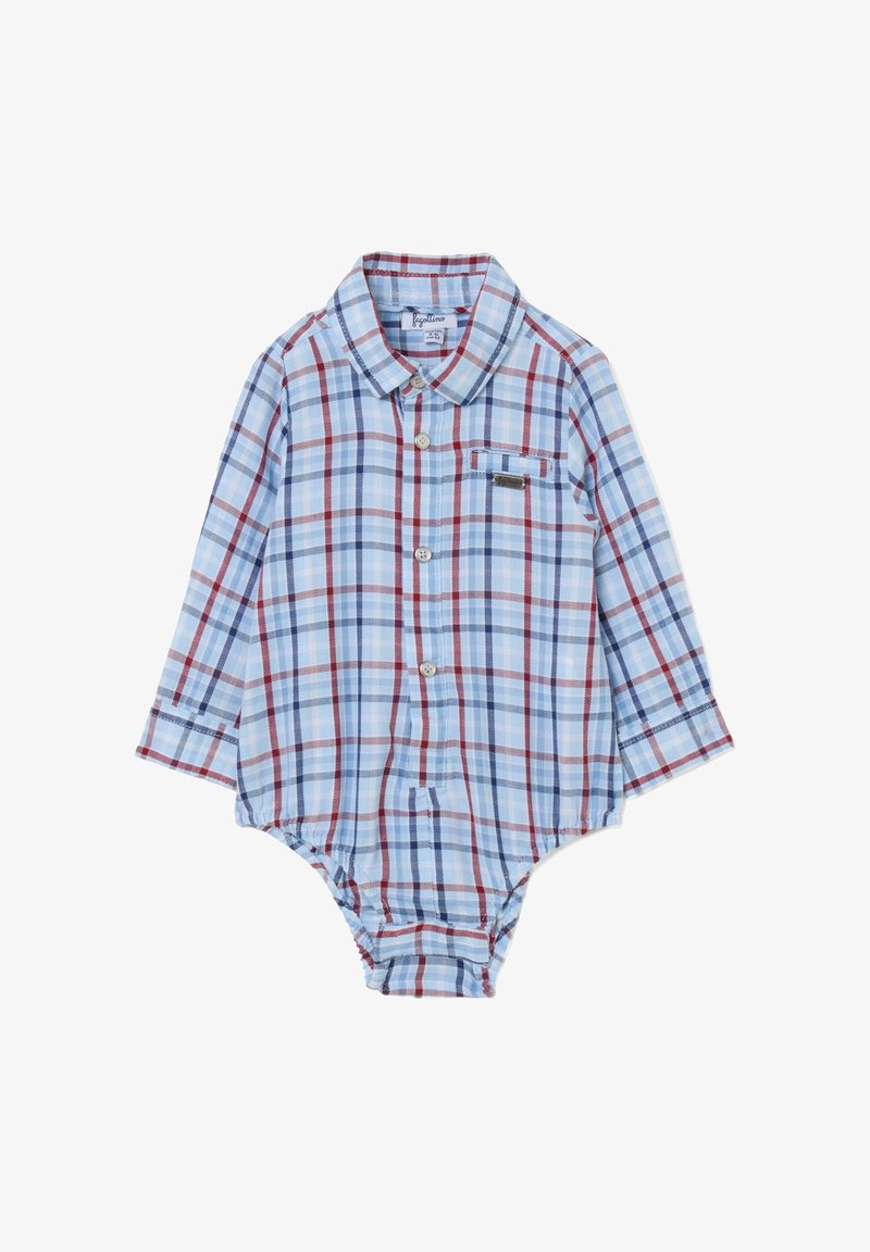 Bodysuit de manga larga en cuadros de color azul claro, rojo y marino, con cuello puntiagudo, cierre de botones y un bolsillo en el pecho. Material de algodón.