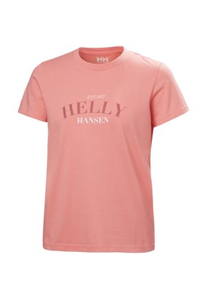 Růžové tričko Helly Hansen s krátkými rukávy a kulatým výstřihem, na přední straně nese nápis "EST. 1877 HELLY HANSEN".