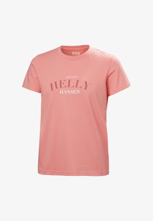 Růžové tričko Helly Hansen s krátkými rukávy a kulatým výstřihem, na přední straně nese nápis "EST. 1877 HELLY HANSEN".
