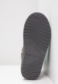 Suola di scarpe grigia, resistente all'acqua, con superficie in gomma testurizzata, dotata di scanalature curve, marchio "EMU Australia" e dettagli di pattern sottili.