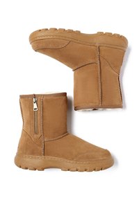 Braune Wildleder-Stiefeletten mit einem Reißverschluss an der Seite, texturiertem Obermaterial und einer Gummisohle mit geriffelten Details für besseren Grip.