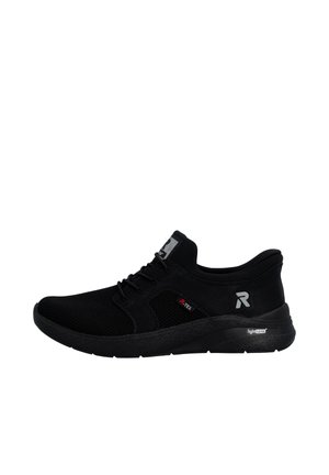 Black athletic sneaker with mesh upper, lace-up design, branded "R" logo on side, and cushioned sole labeled "lightssole" and "R-TEX".