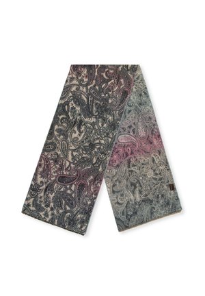 Sciarpa con motivo paisley nei toni di nero, grigio, rosa e blu. Realizzata in tessuto morbido con bordi frangiati e una finitura testurizzata.