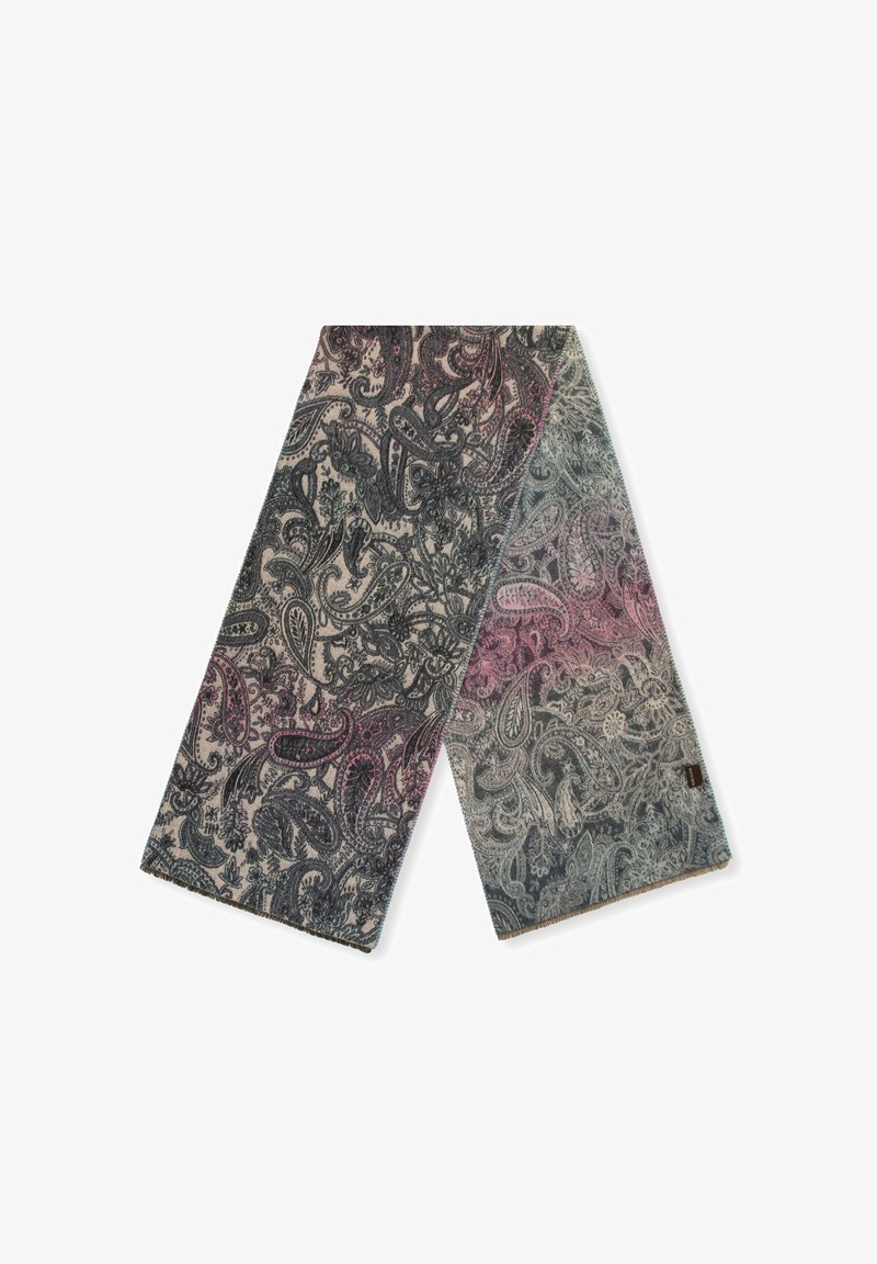 Paisley-patroon sjaal met tinten van zwart, grijs, roze en blauw. Gemaakt van een zachte stof met franjes aan de randen en een textuurafwerking.