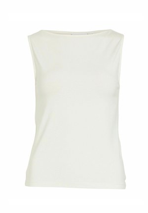 Ermeløs hvit tanktopp med rund hals, glatt stoff og rett nederkant.