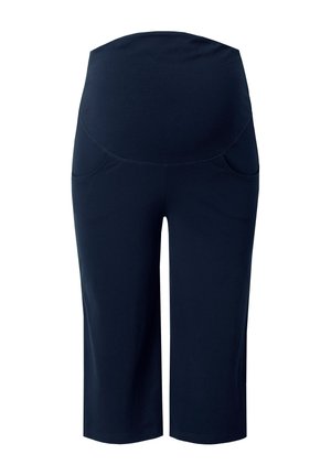 Granatowe spodnie ciążowe typu capri z wysokim elastycznym pasem i przednimi kieszeniami, zaprojektowane dla wygodnego dopasowania.