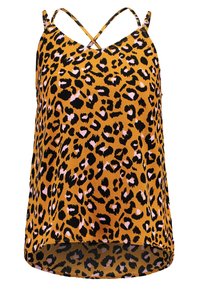Haut à imprimé léopard en orange et noir, avec des bretelles fines entrecroisées et une coupe décontractée. Texture lisse avec un ourlet arrondi.