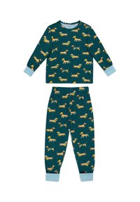 Set di pigiama verde in cotone con stampa ripetuta di bassotti, top a maniche lunghe con polsini blu chiaro e pantaloni abbinati con vita elastica.