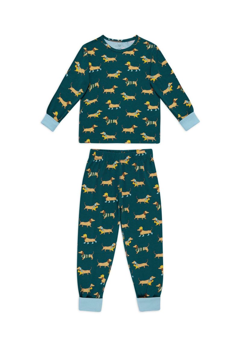 Set di pigiama verde in cotone con stampa ripetuta di bassotti, top a maniche lunghe con polsini blu chiaro e pantaloni abbinati con vita elastica.
