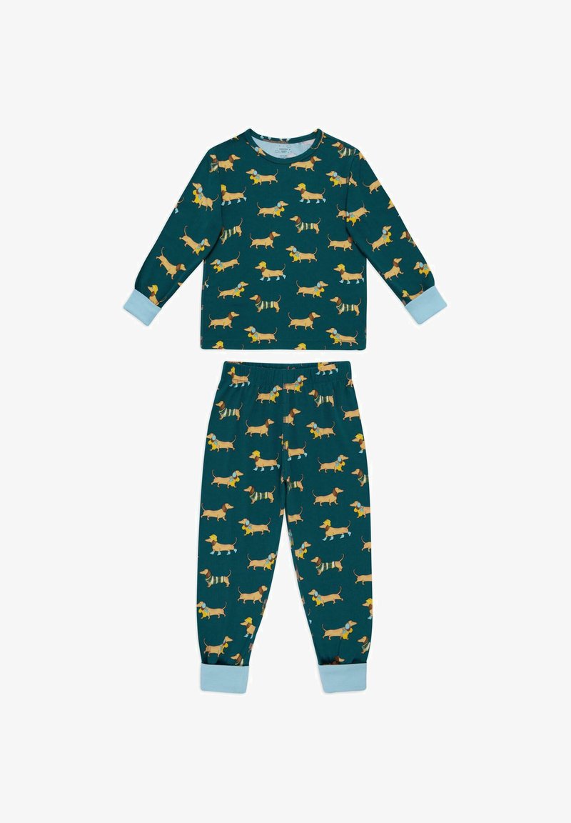 Conjunto de pijama verde de algodón con un estampado repetido de teckels, parte superior de manga larga con puños en azul claro y pantalones a juego con cintura elástica.