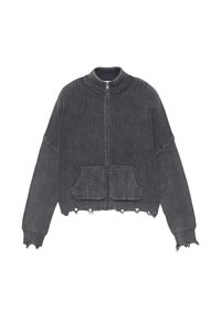 Giacca grigia a costine con zip, colletto alto, due tasche frontali e orli grezzi. Realizzata in tessuto lavorato a maglia con trama strutturata.