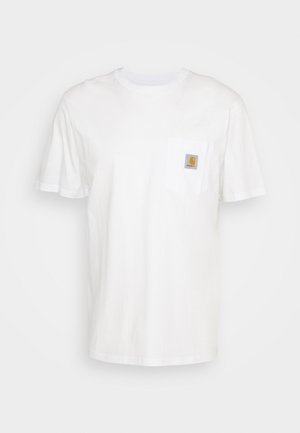 White cotton t-shirt with short sleeves, a chest pocket, and a small square logo patch in orange and white on the pocket.