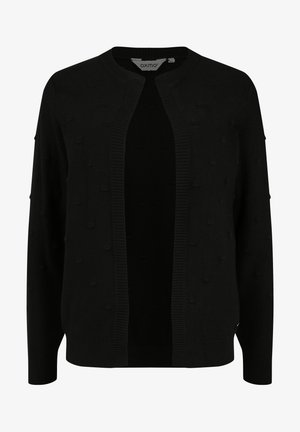 Schwarze Strickjacke mit strukturiertem Design, ausgestattet mit einem gerippten Rundhalsausschnitt und offenem Frontverschluss. Hergestellt aus weichem Material, ideal zum Kombinieren.