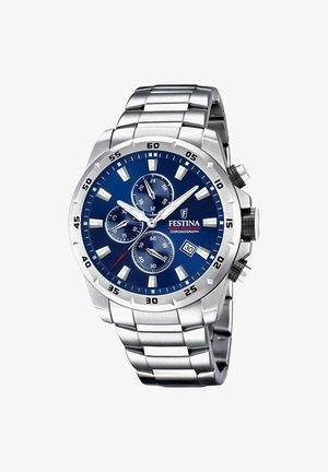 Reloj cronógrafo de acero inoxidable con esfera azul, marcadores plateados y tres subesferas. Presenta un indicador de fecha y un bisel giratorio.