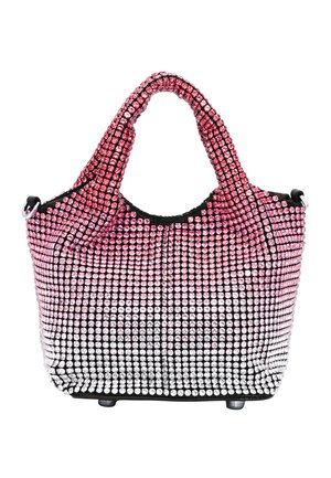 Sort håndtaske prydet med gradient rhinsten, der overgår fra pink til klar, med to robuste håndtag og et rummeligt design.