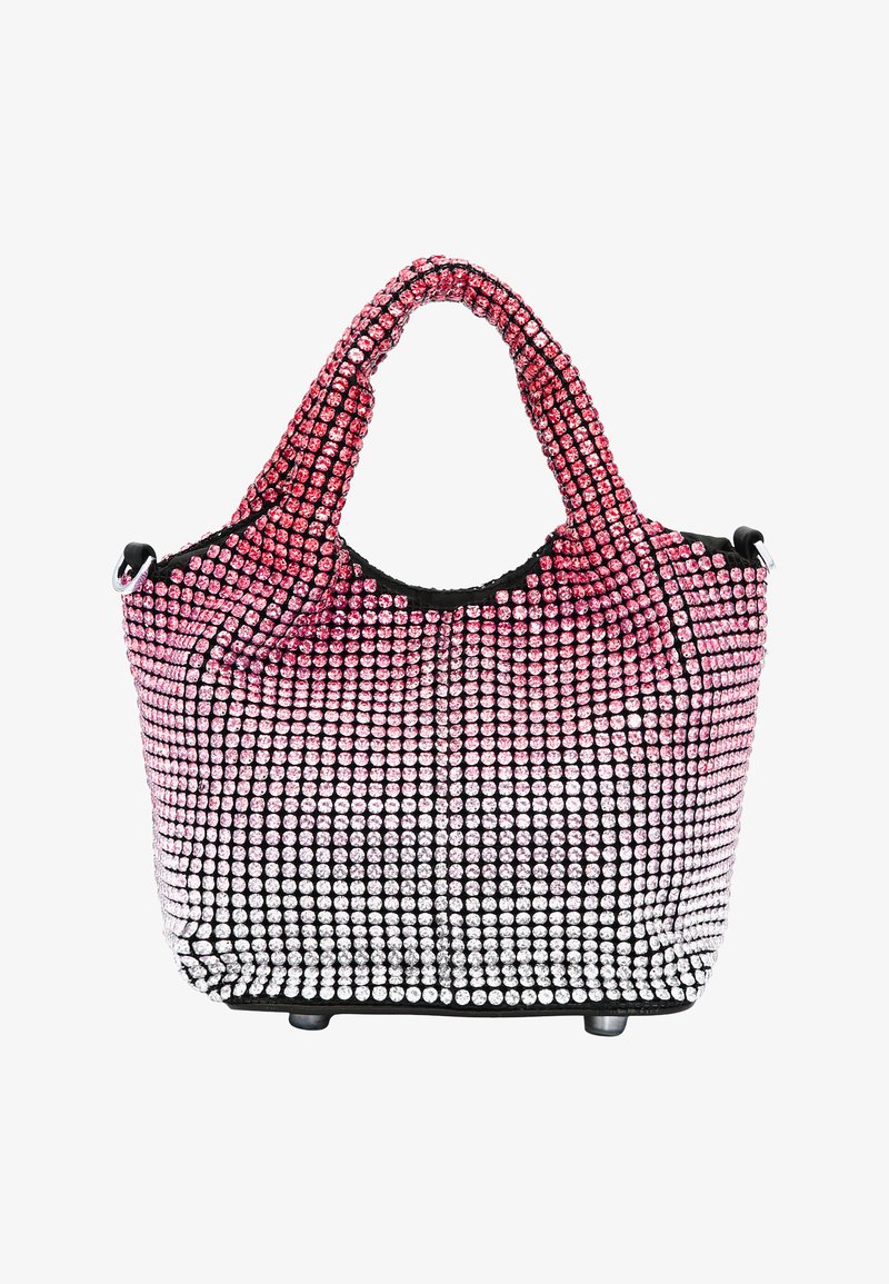 Czarna torebka ozdobiona gradientowymi cyrkoniami przechodzącymi od różowego do przezroczystego, z dwoma solidnymi uchwytami i przestronnym designem.