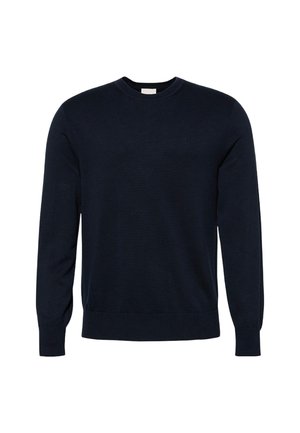 Maglione blu navy a maglia con scollo rotondo, maniche lunghe e polsini e orlo a coste. Presenta un logo discreto sul petto.