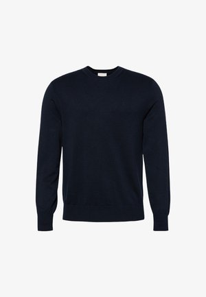 Maglione blu navy a maglia con scollo rotondo, maniche lunghe e polsini e orlo a coste. Presenta un logo discreto sul petto.
