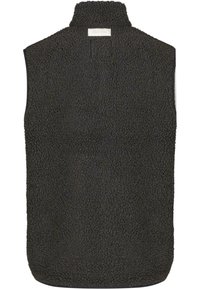 Dunkelgraue Fleece-Weste mit hohem Kragen, strukturiertem Oberflächenmaterial und ohne Ärmel. Hat einen geraden Saum und minimalistische Designelemente.
