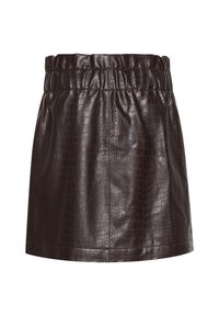 Ciemnobrązowa spódnica z sztucznej skóry o teksturze krokodyla, z marszczonym elastycznym pasem, do kolan, prosty krój.