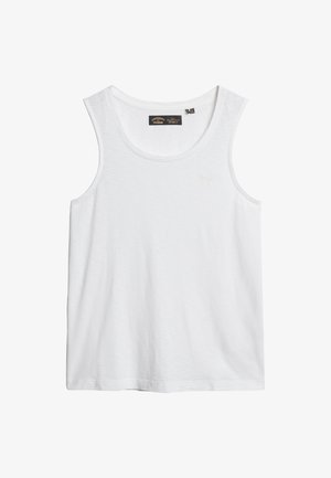 Weißes ärmelloses Tanktop aus weichem Baumwollstoff. Besitzt einen runden Ausschnitt und ein dezentes Logo auf der Vorderseite. Glatte Textur.